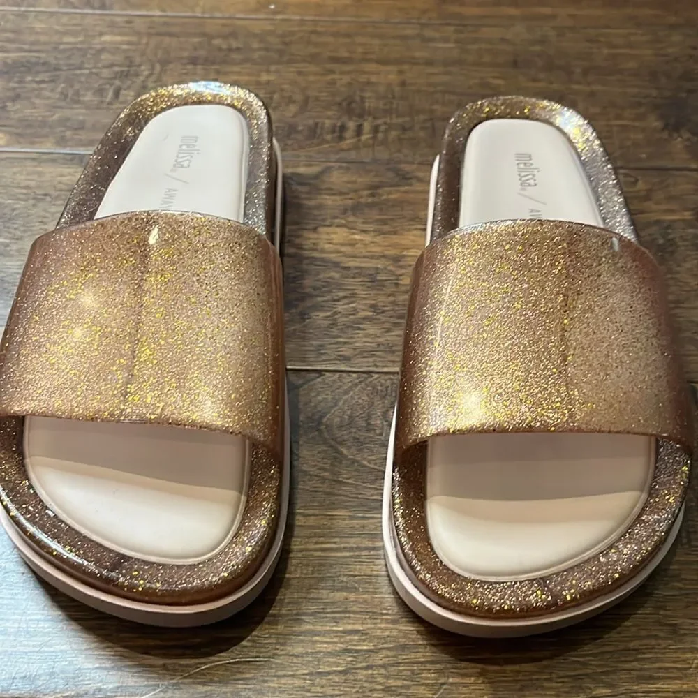 MELISSA BEACH SLIDE PLATFORM + AWAY TO MARS, Gold Glitter, size 6